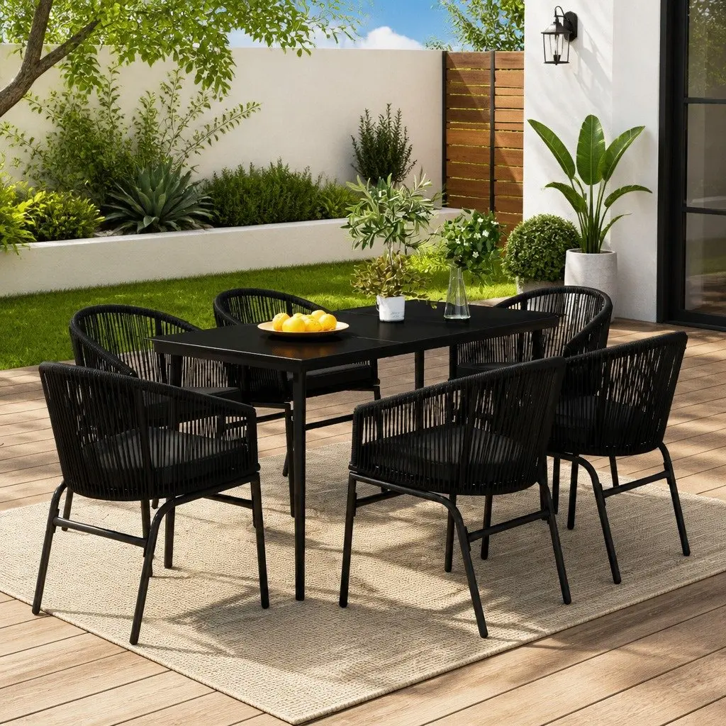 7 Piece Outdoor Garden Dining Set Glass Table Rattan Chairs Black Patio