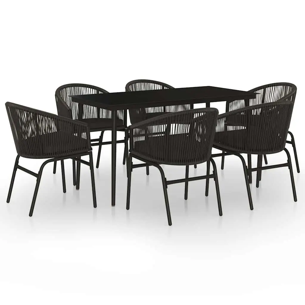 7 Piece Outdoor Garden Dining Set Glass Table Rattan Chairs Black Patio