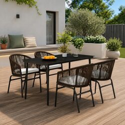 5 Piece Garden Dining Set Outdoor Patio Furniture Glass Table Steel Rattan