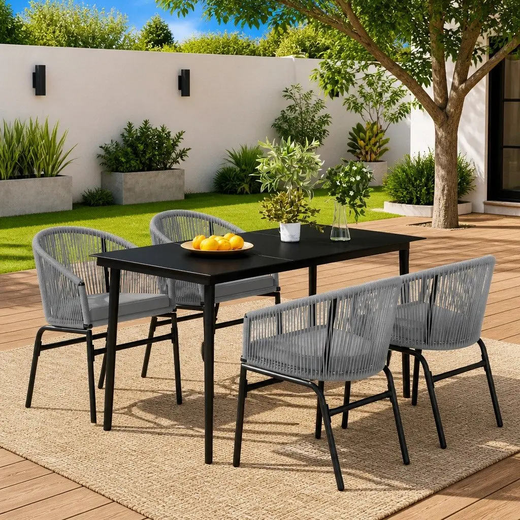 5 Piece Garden Dining Set Outdoor Patio Furniture Grey Steel Frame Glass Top