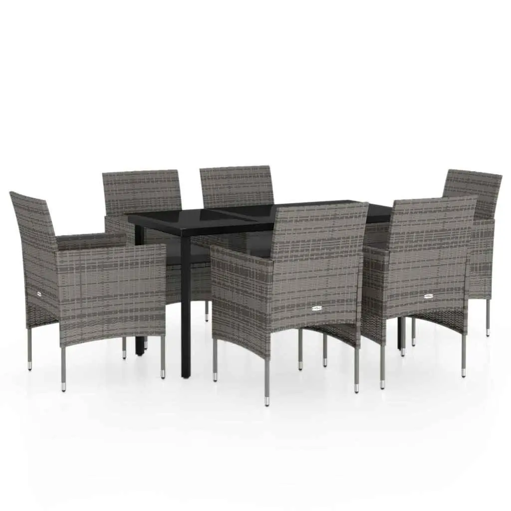 7 Piece Outdoor Dining Set Garden Furniture Steel Frame Rattan Chairs Glass Grey Black