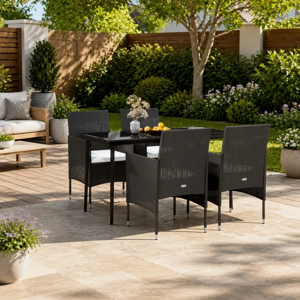 Outdoor Garden Dining Set 5 Piece Black Cushioned Chairs Glass Table