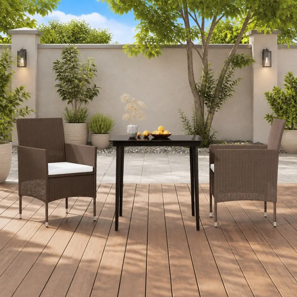 Garden Dining Set 3 Piece Outdoor Furniture Table Chairs with Cushions Brown