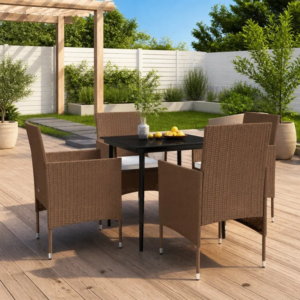 Garden Dining Set 5 Piece Brown Rattan Chairs Glass Table Cushions Outdoor Use
