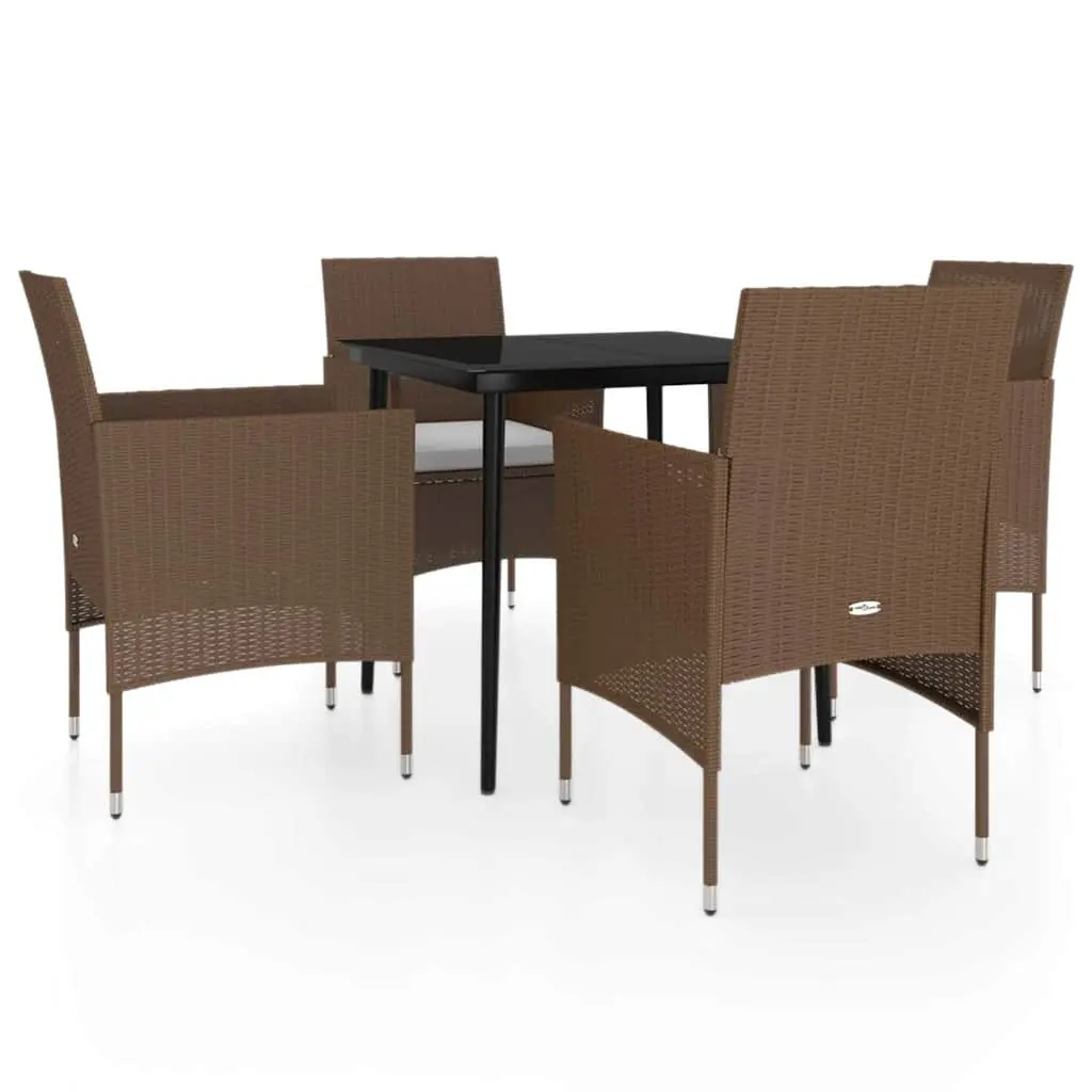 Garden Dining Set 5 Piece Brown Rattan Chairs Glass Table Cushions Outdoor Use