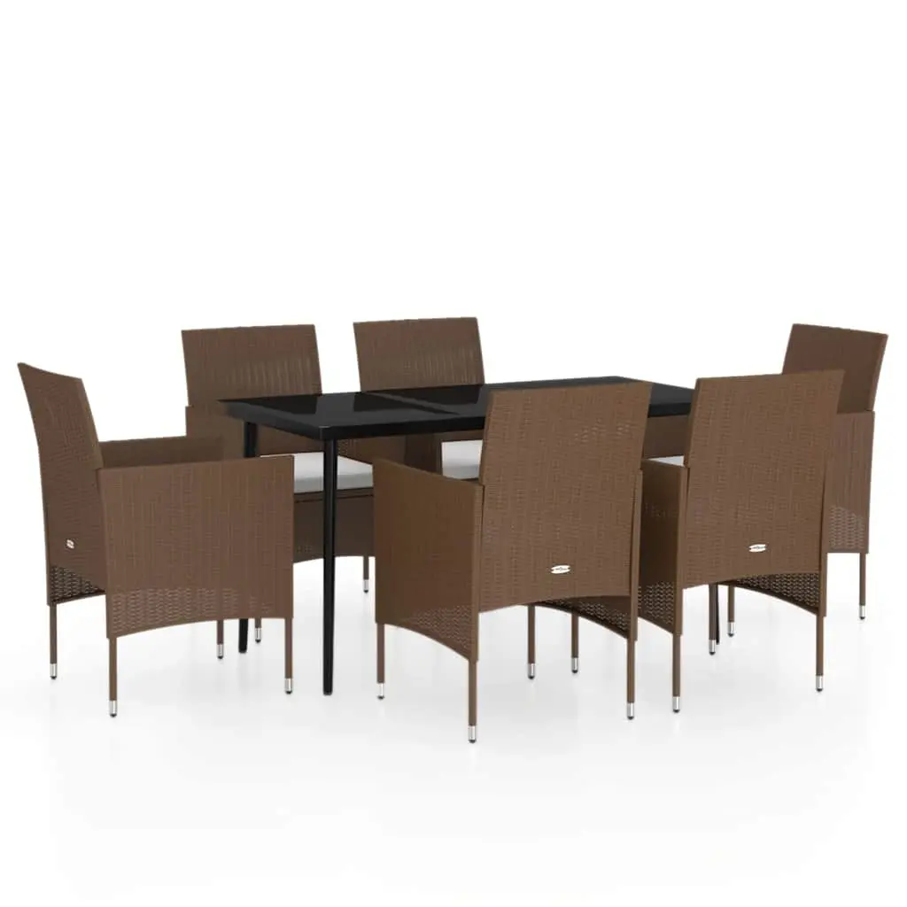 7 Piece Outdoor Garden Dining Set Rattan Chairs Glass Table with Cushions Brown
