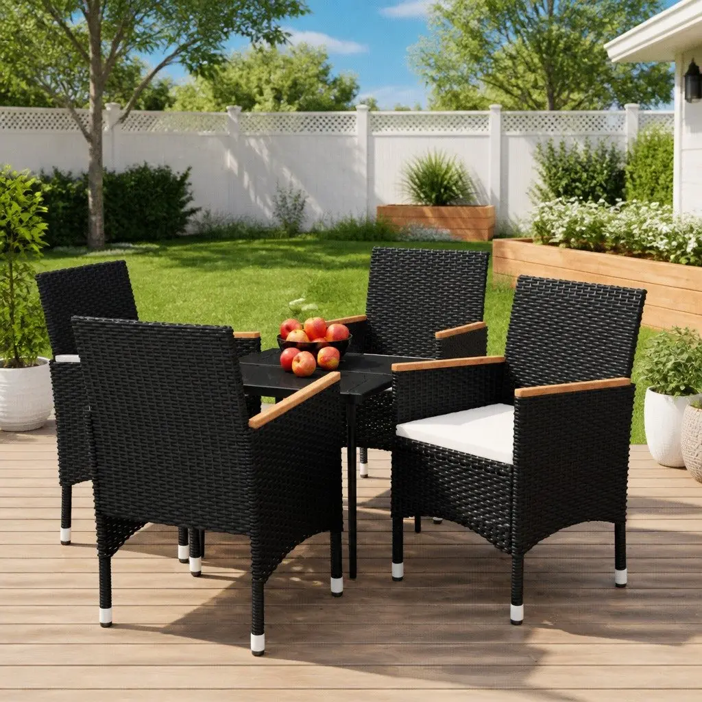 Outdoor Dining Set Black Rattan Chairs with Cushions Glass Table 5 Piece for Garden and Patio
