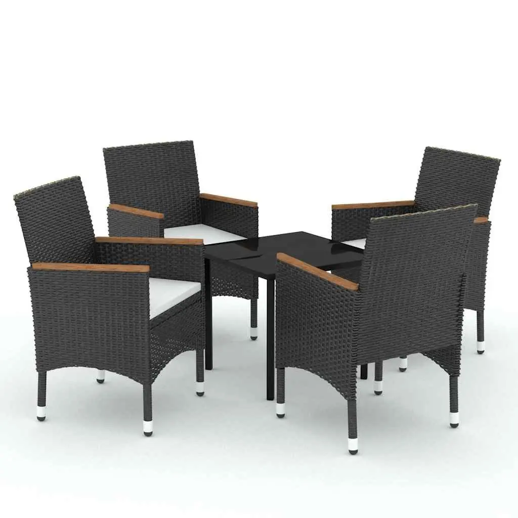 Outdoor Dining Set Black Rattan Chairs with Cushions Glass Table 5 Piece for Garden and Patio