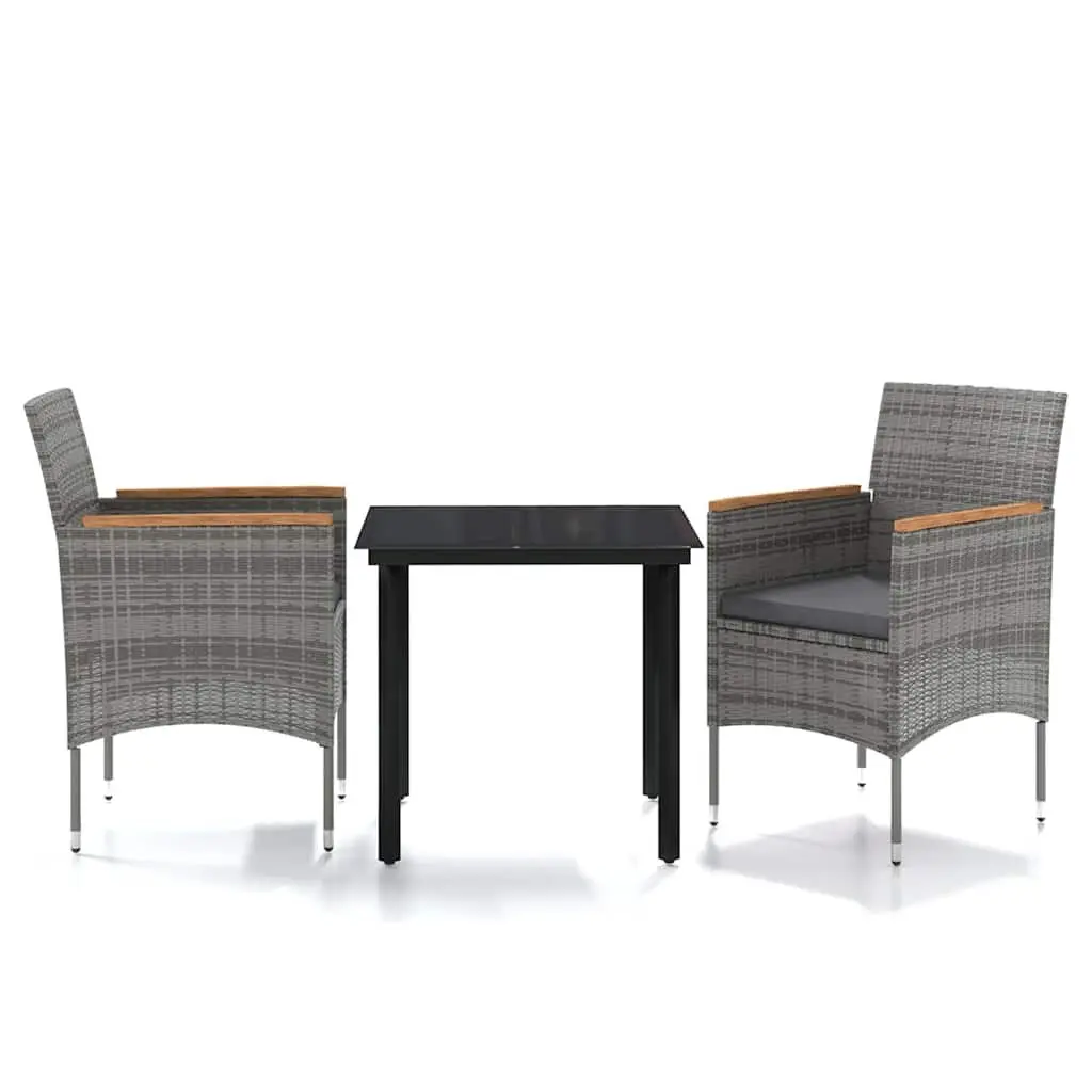 Outdoor Dining Set Grey Black Glass Table Rattan Chairs with Cushions 3 Piece