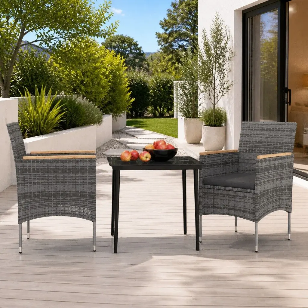 Outdoor Dining Set Grey Rattan Chairs with Cushions Glass Top Table 3 Piece