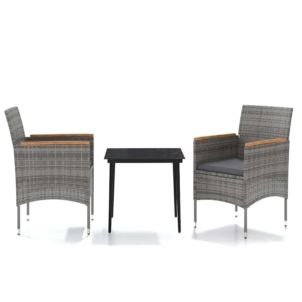 Outdoor Dining Set Grey Rattan Chairs with Cushions Glass Top Table 3 Piece