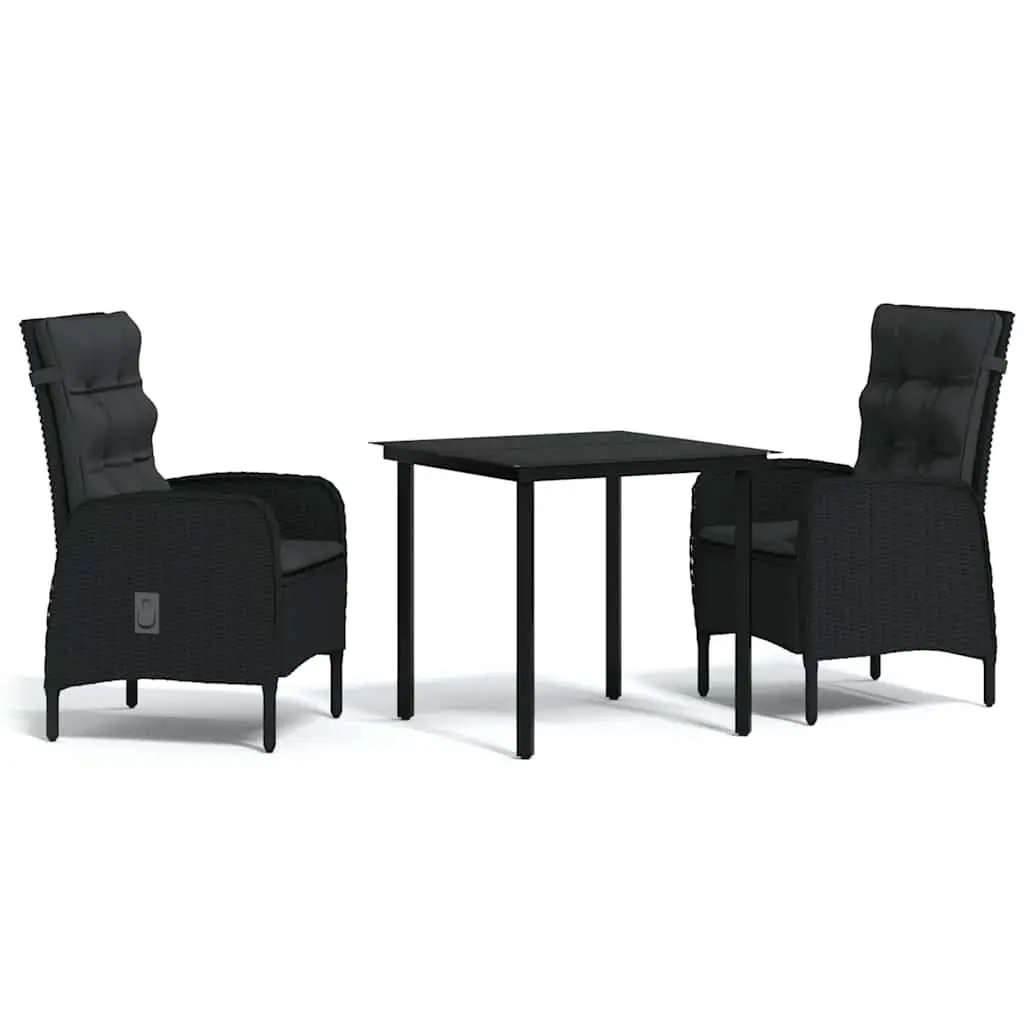 Garden Dining Set Outdoor Furniture 3 Piece Black Reclining Chairs Glass Table