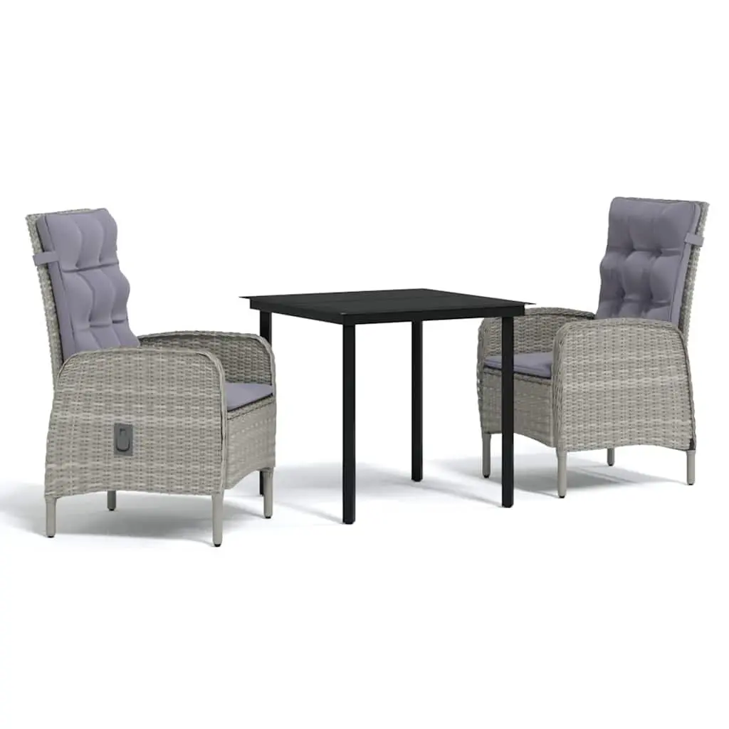 Outdoor Dining Set 3 Piece Grey Glass Table Rattan Chairs Cushions