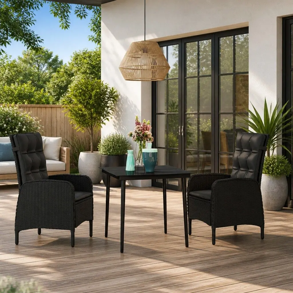 Outdoor Dining Set 3 Piece Black Furniture Table and Reclining Chairs with Cushions