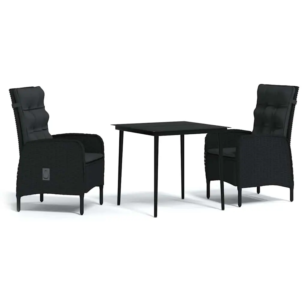 Outdoor Dining Set 3 Piece Black Furniture Table and Reclining Chairs with Cushions