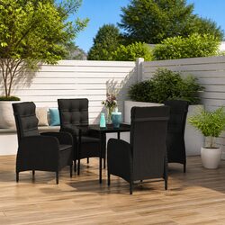 5 Piece Outdoor Dining Set Glass Table Reclining Chairs with Cushions Black