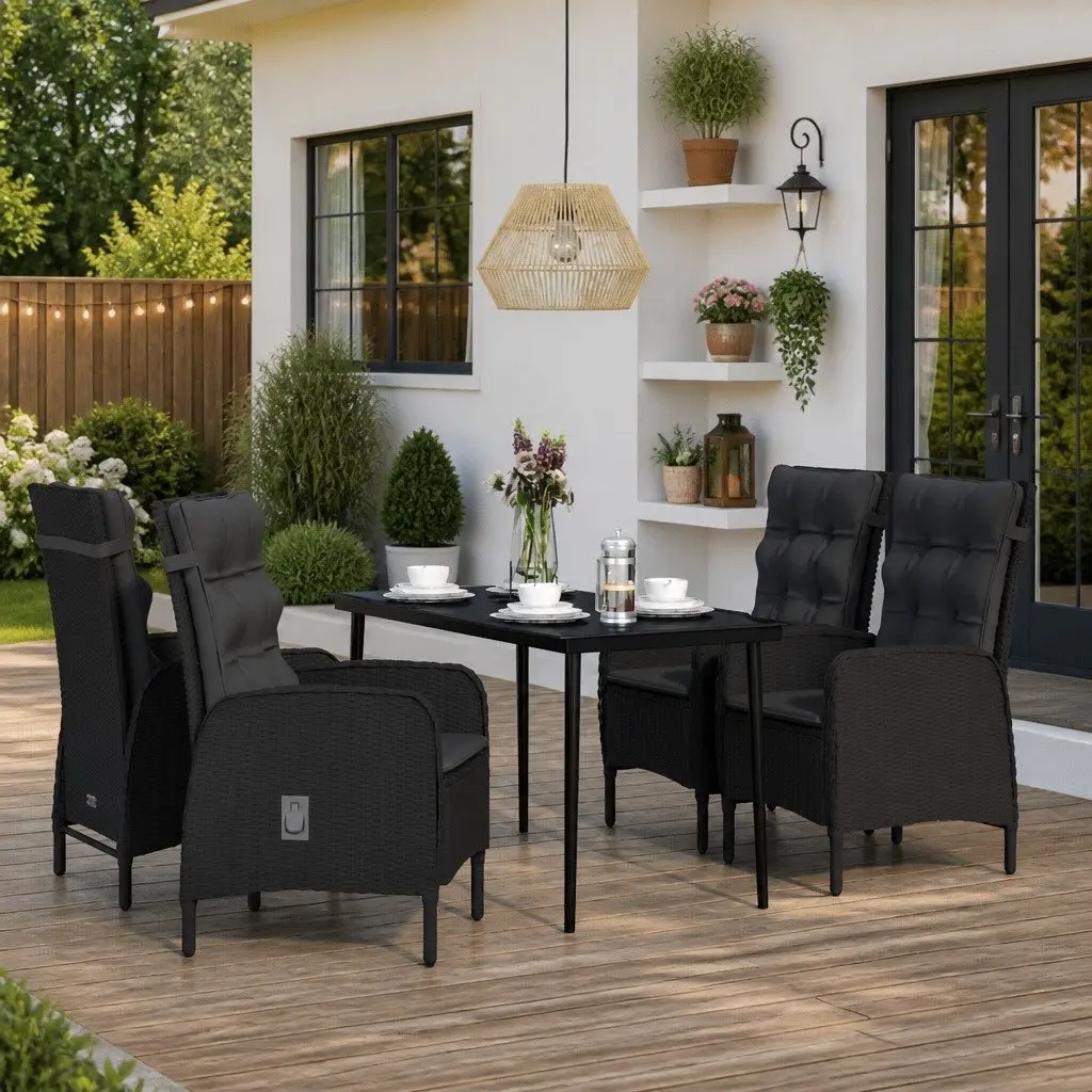Outdoor Dining Set Garden Furniture 5 Piece Black Steel Rattan with Cushions