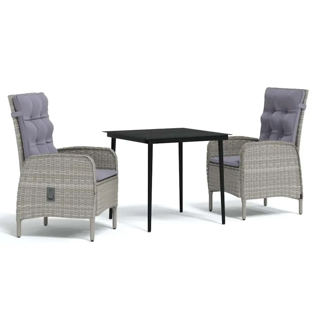 3 Piece Outdoor Dining Set Grey Black Rattan Chairs Glass Top Steel Frame