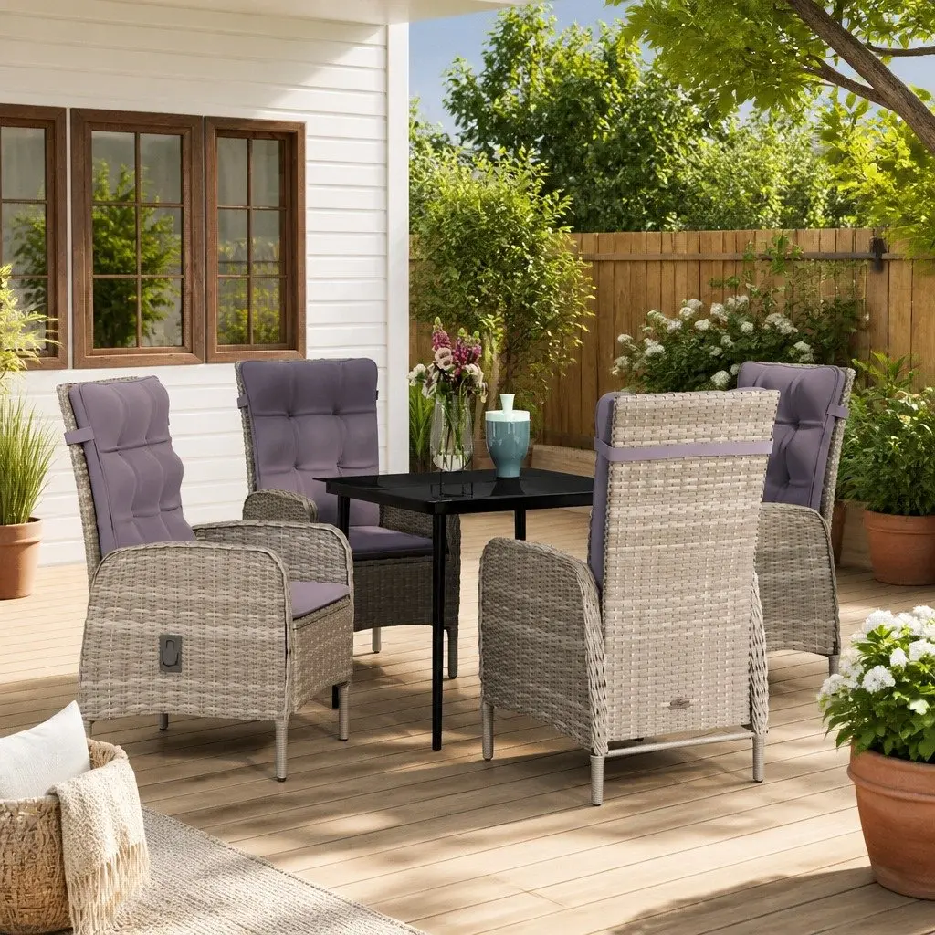Outdoor Dining Set 5 Piece Grey Rattan Chairs Glass Table