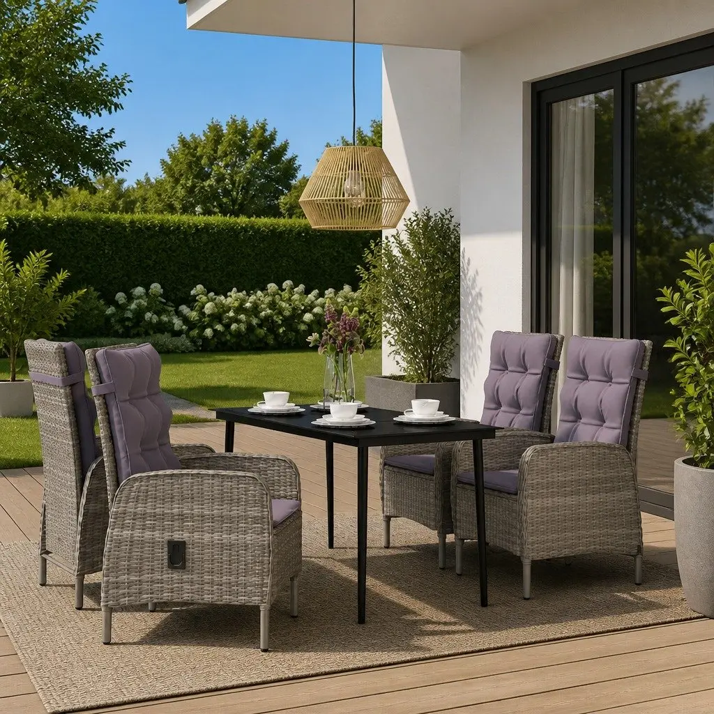Outdoor Dining Set 5 Piece Cushions Glass Table Steel Frame Grey Black