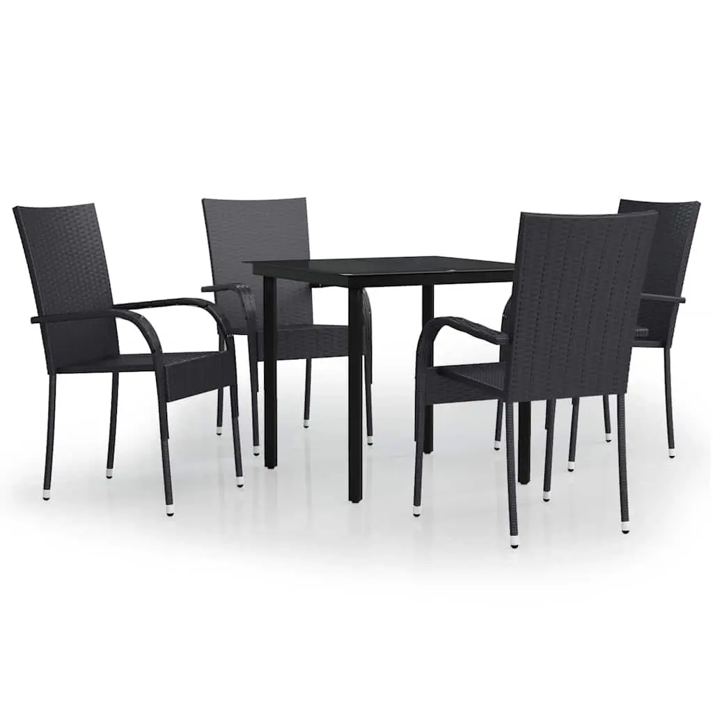 5 Piece Outdoor Dining Set Black Rattan Chairs Glass Top Table Steel Frame