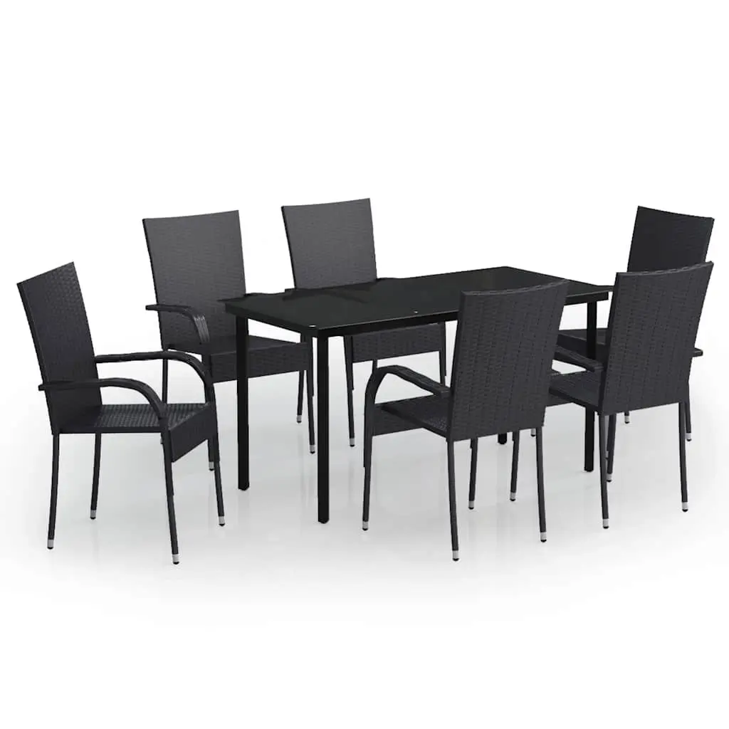 Outdoor Dining Set 7 Piece Black Rattan Chairs Glass Table Patio Furniture