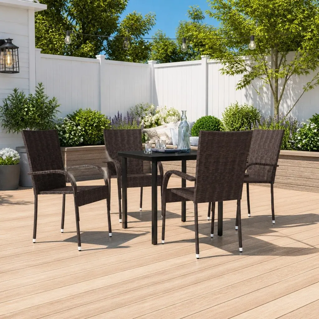 5 Piece Outdoor Dining Set Glass Table PE Rattan Chairs Brown