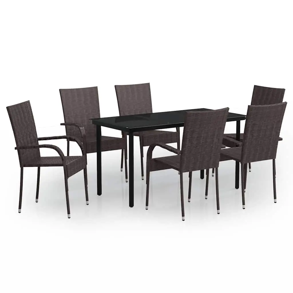 Rattan Chairs Outdoor Dining Set 7 Piece Glass Top Table Brown