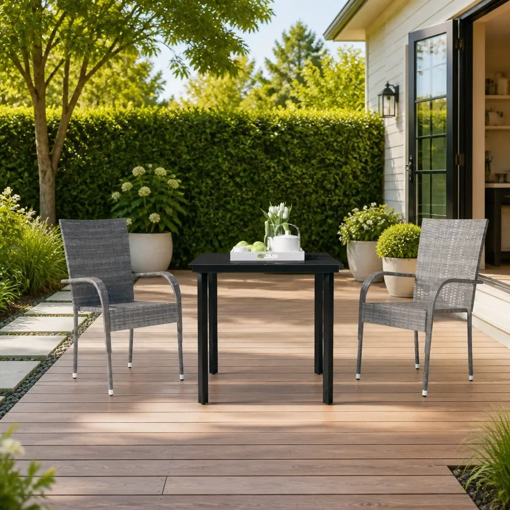 Garden Dining Set Grey Black 3 Piece Outdoor Furniture Table and Chairs
