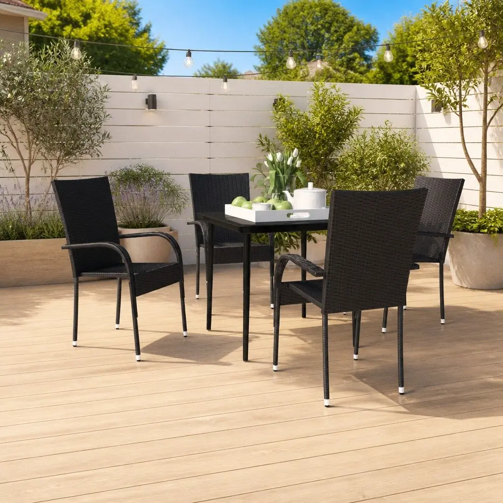 Outdoor Dining Set 5 Piece Black Rattan Chairs Glass Table Steel Frame