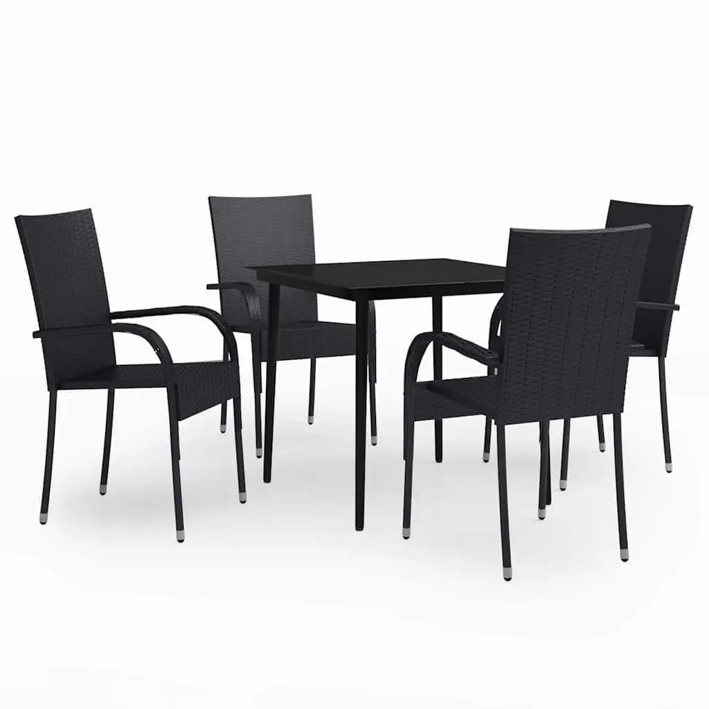 Outdoor Dining Set 5 Piece Black Rattan Chairs Glass Table Steel Frame