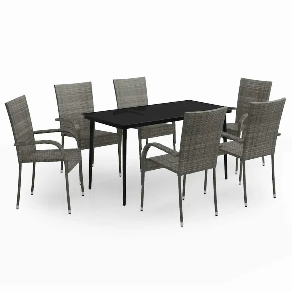 Garden Dining Set 7 Piece Outdoor Use Grey Black Steel Rattan Chairs Glass Table