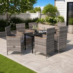 7 Piece Garden Dining Set Grey Outdoor Patio Furniture with Cushions Glass Top