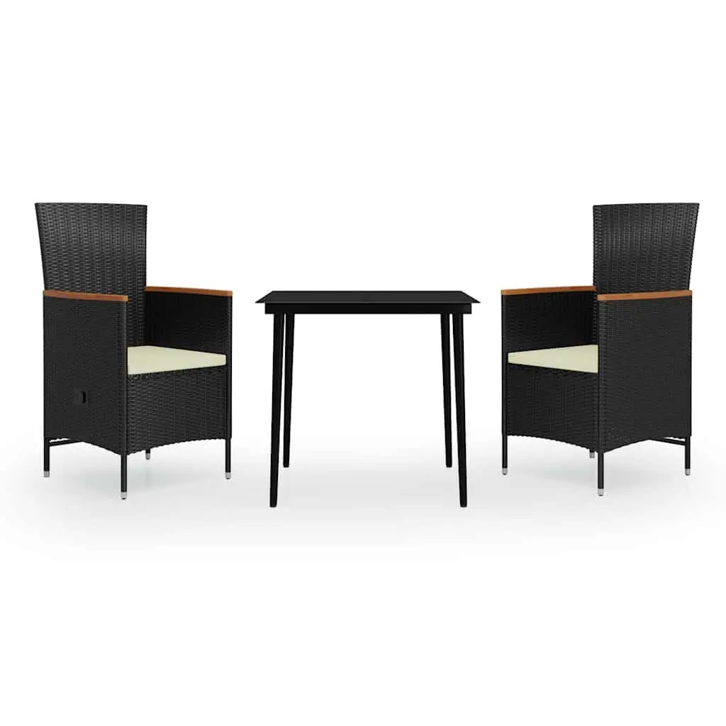 3 Piece Garden Dining Set Outdoor Patio Furniture Black Rattan Chairs Glass