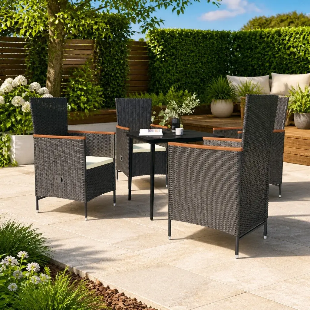 Outdoor Furniture Garden Dining Set Black 5 Pieces Rattan Chairs Glass Table