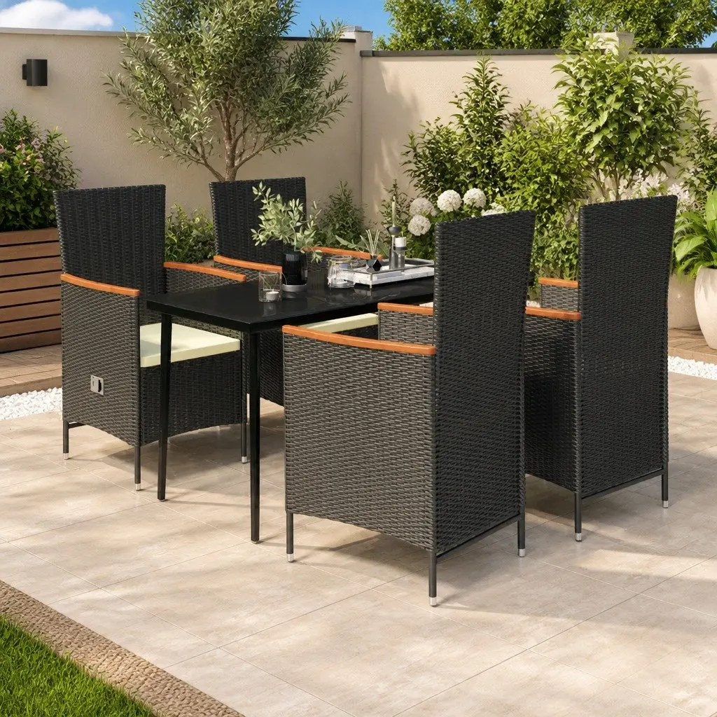 Outdoor Dining Set 5 Piece with Black PE Rattan Chairs Tempered Glass Top for Patio and Garden Use