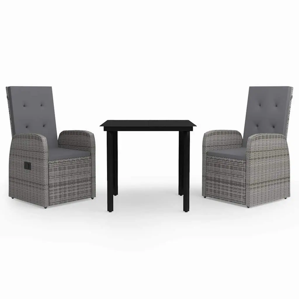 Outdoor Dining Furniture Set 3 Piece Patio Rattan Chairs Glass Top Grey