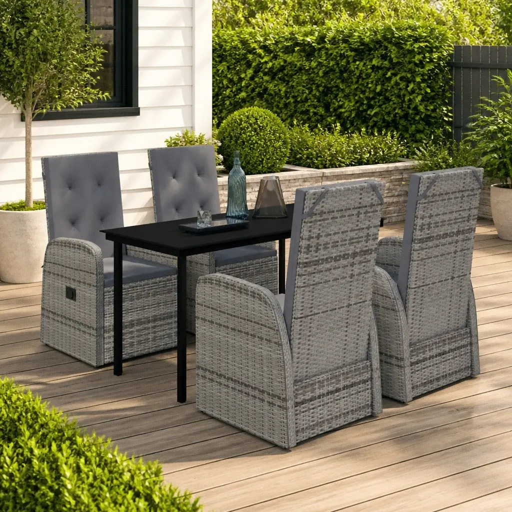 Outdoor Dining Set 5 Piece Grey Rattan Chairs Glass Table for Patio Garden Furniture