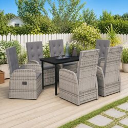 7 Piece Garden Dining Set Outdoor Patio Furniture Grey Rattan Chairs Glass Table