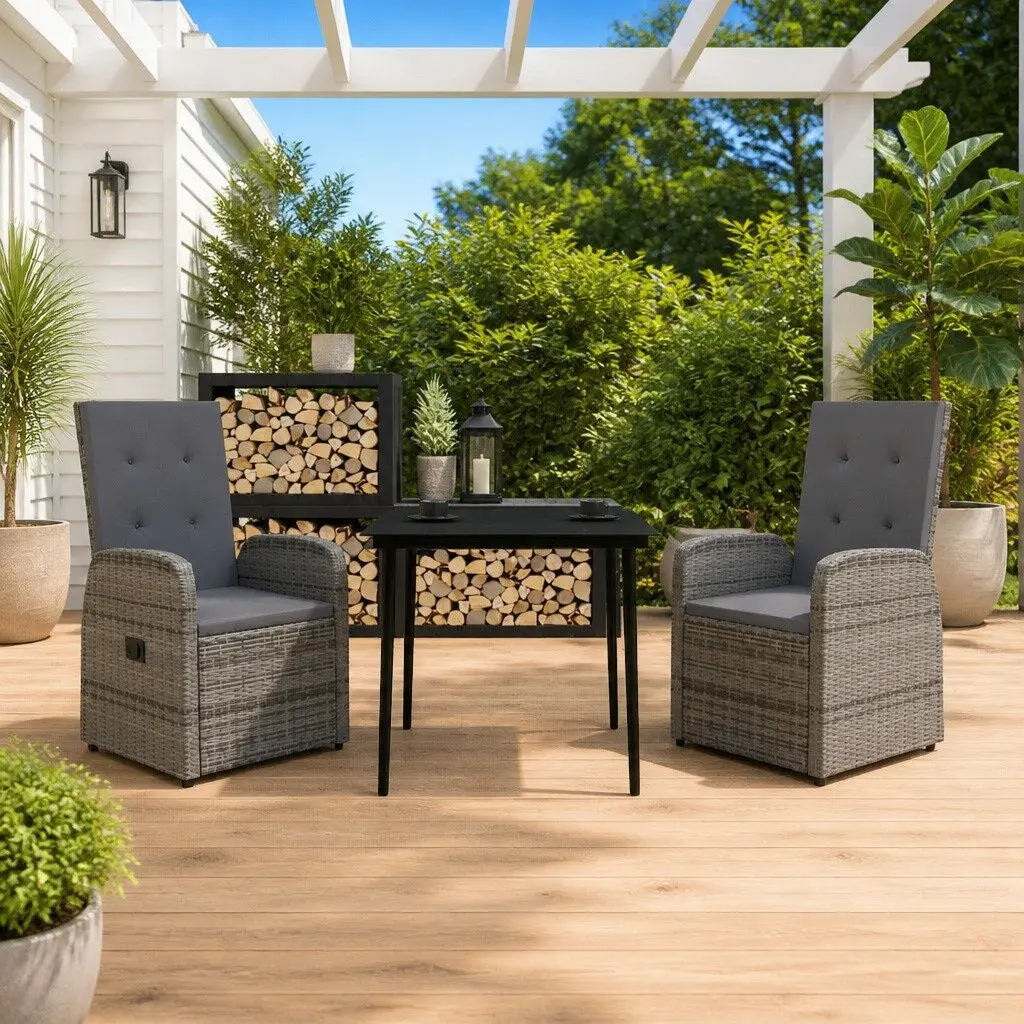 Garden Dining Set 3 Piece Outdoor Furniture Table Chairs Cushions Grey Patio