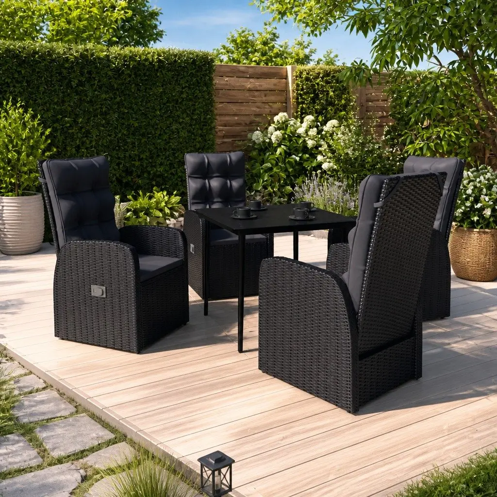 Outdoor Garden Dining Set 5 Piece Steel Frame Black Rattan Chairs with Cushions