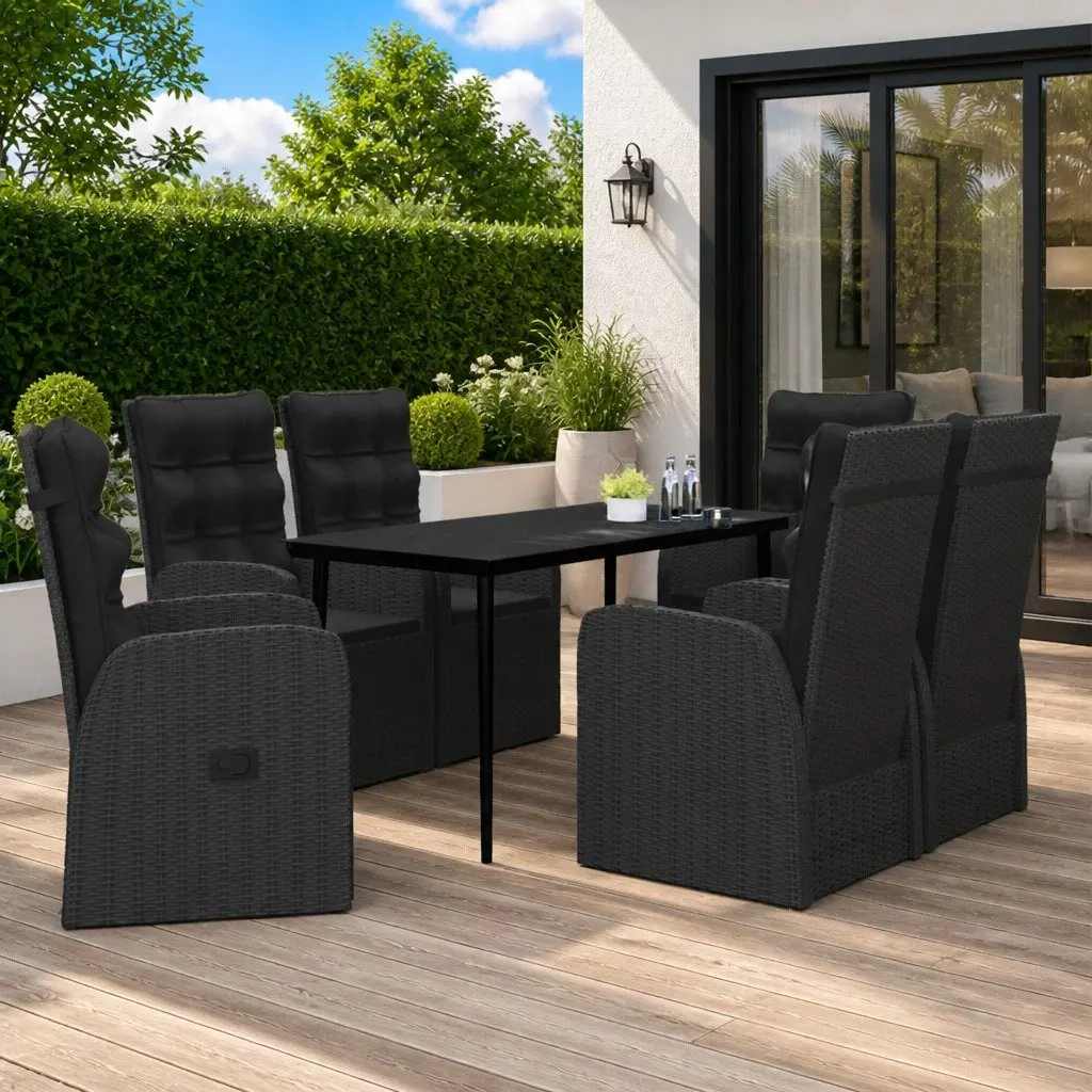 Outdoor Dining Set 7 Piece Garden Patio Black Rattan Chairs Glass Table Cushions