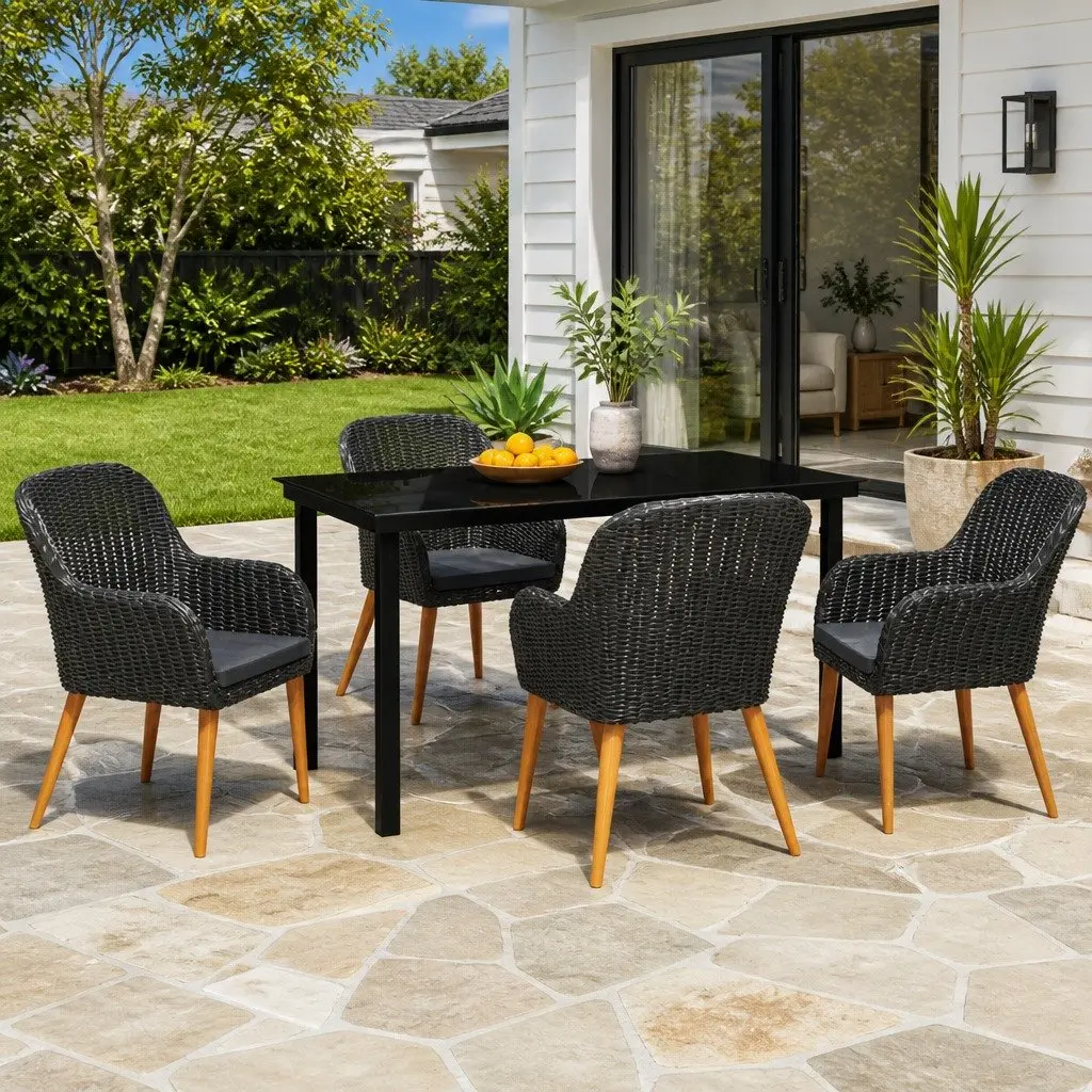 5 Piece Outdoor Garden Dining Set Black Rattan Chairs Glass Table