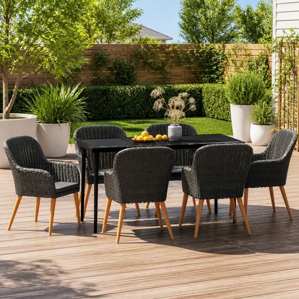 Garden Dining Set 7 Piece Outdoor Furniture Patio Table Chairs Cushions Black