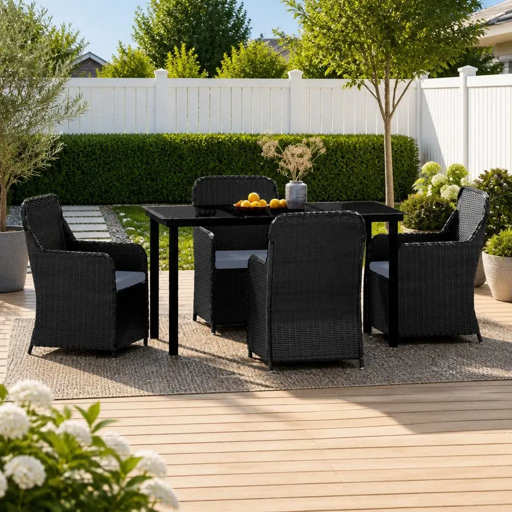 Outdoor Dining Set 5 Piece Rattan Chairs Glass Table Black Steel Frame