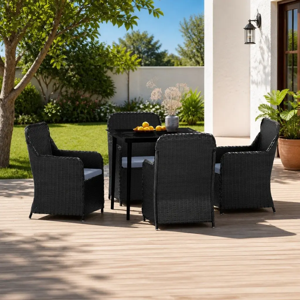 5 Piece Garden Dining Set Outdoor Patio Furniture Black with Cushions Glass