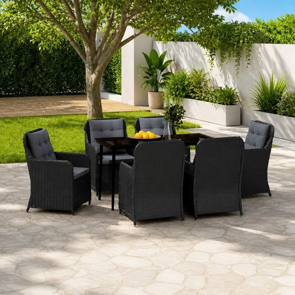 7 Piece Outdoor Garden Dining Set Glass Table Black Steel Frame PE Rattan Chairs