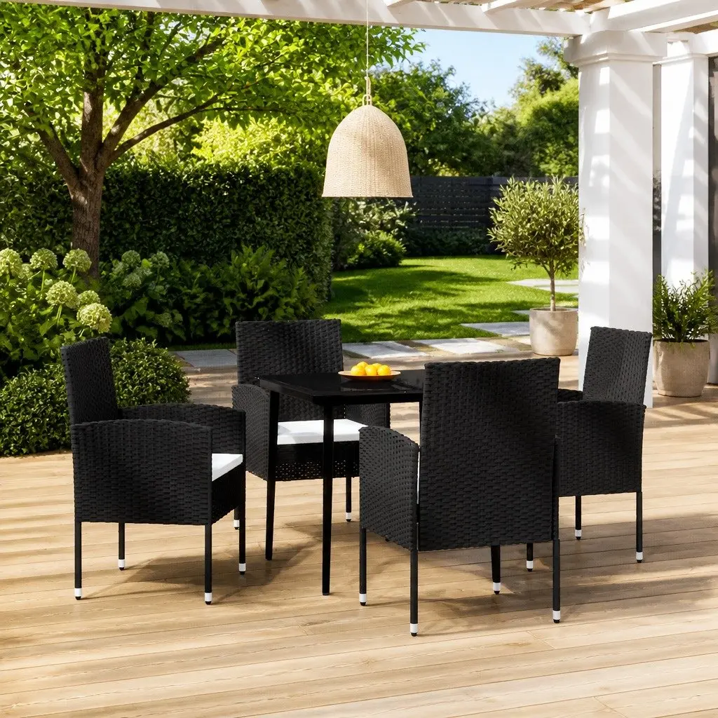 Garden Dining Set 5 Piece Outdoor Furniture Black Steel Frame Glass Table and Chairs