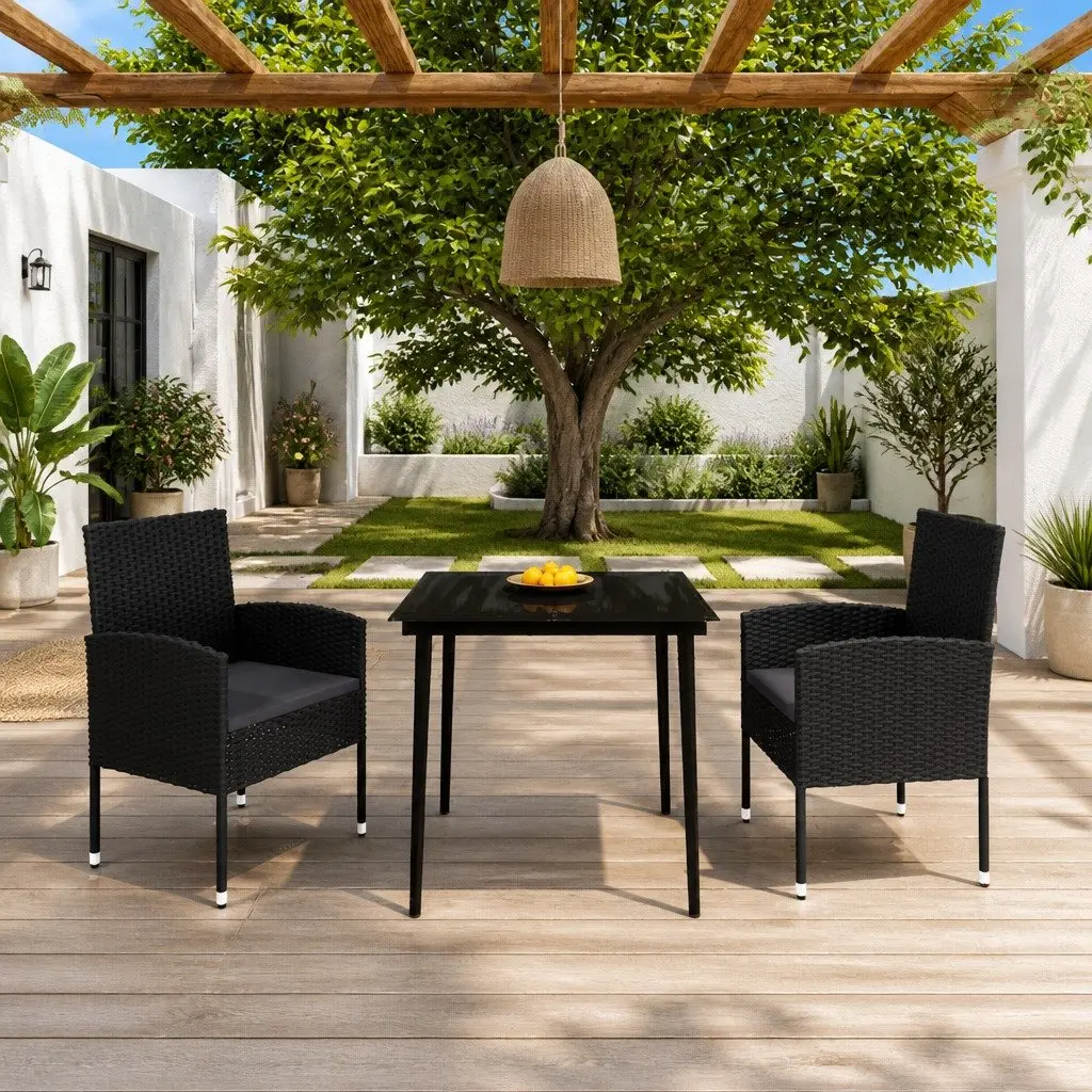 Garden Dining Set 3 Piece Black Steel Frame Rattan Chairs Glass Table