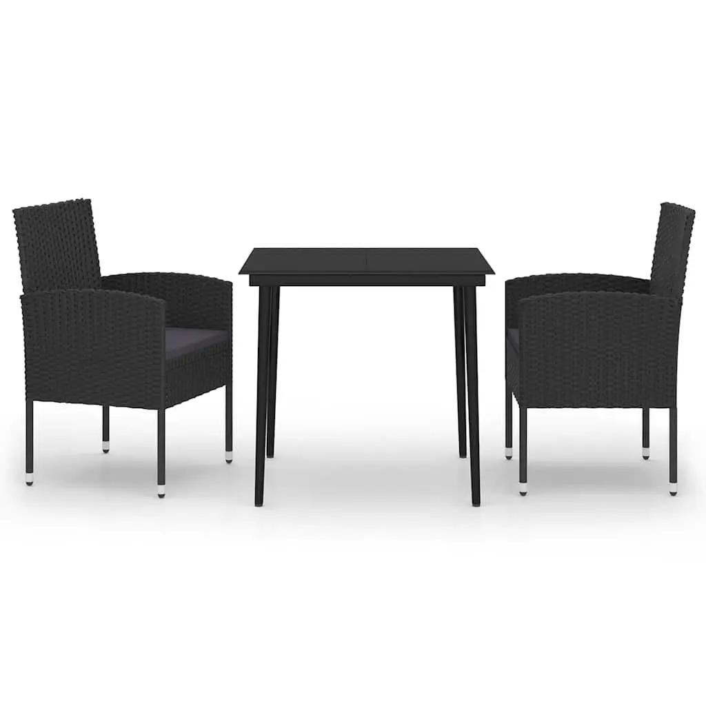 Garden Dining Set 3 Piece Black Steel Frame Rattan Chairs Glass Table
